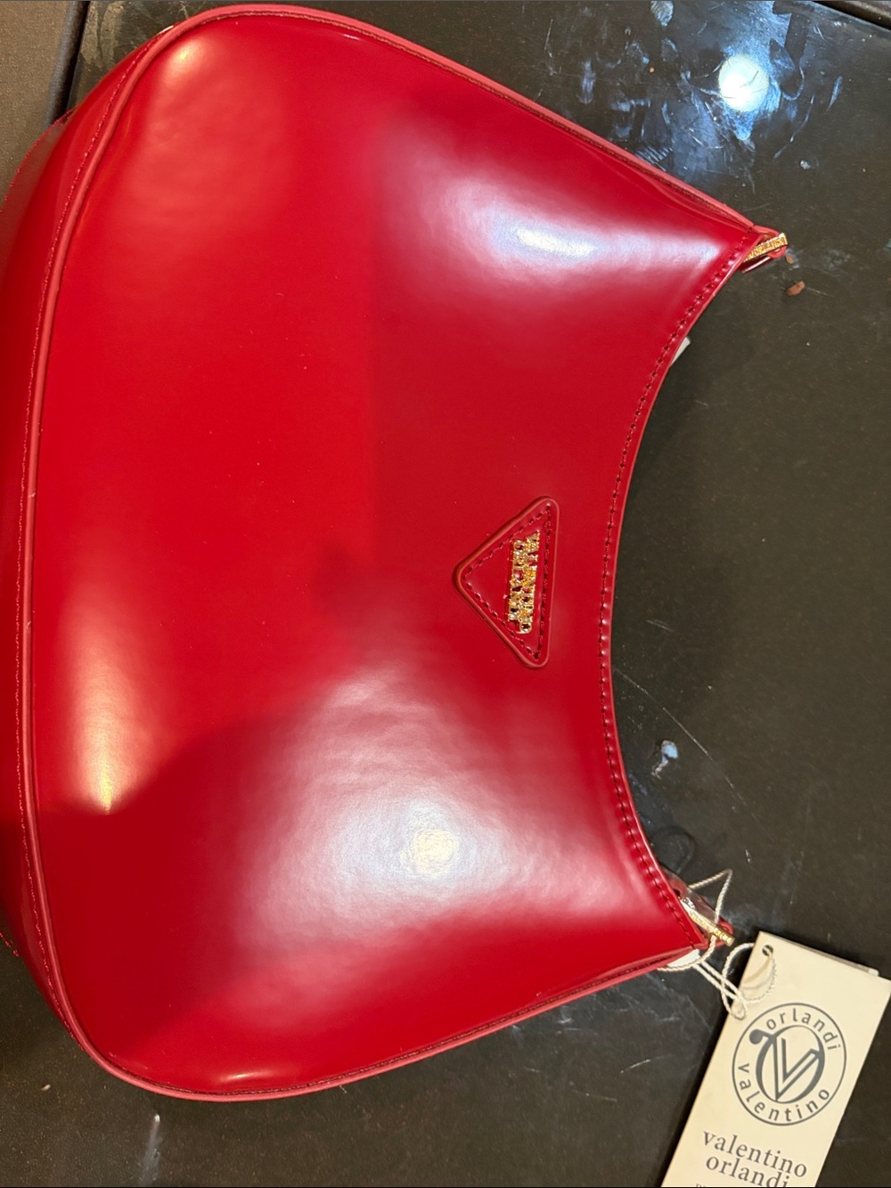 Valentino Orlandi Red Patent Shoulder Bag with Gold Triangle Logo